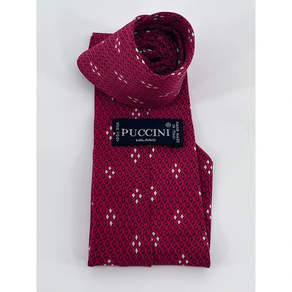 Puccini Milano Silk Tie Magenta Red Geometric Diamond Pattern Handmade in Italy